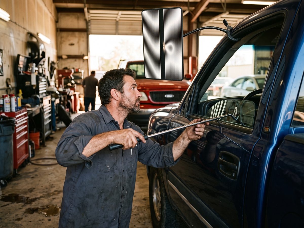 Technician working a dent from behind a door panel with a rod and reflection board