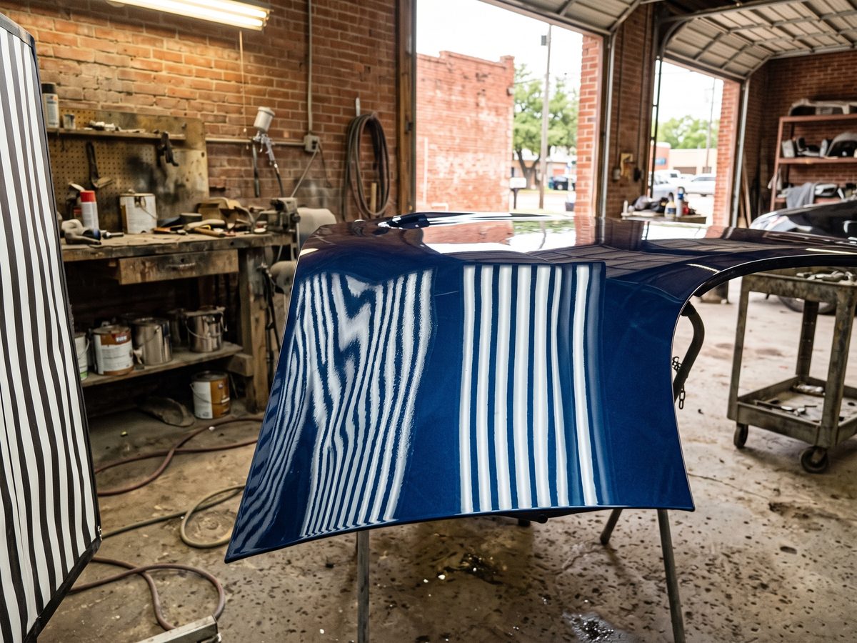 Striped reflection board on a car panel showing a straight line over repaired metal