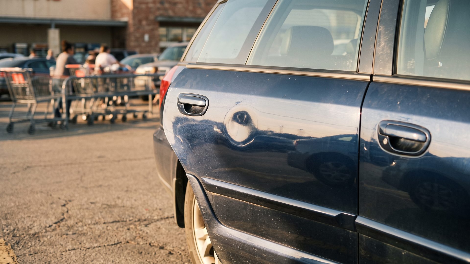 Shallow round dent in a car door with the paint still intact and glossy
