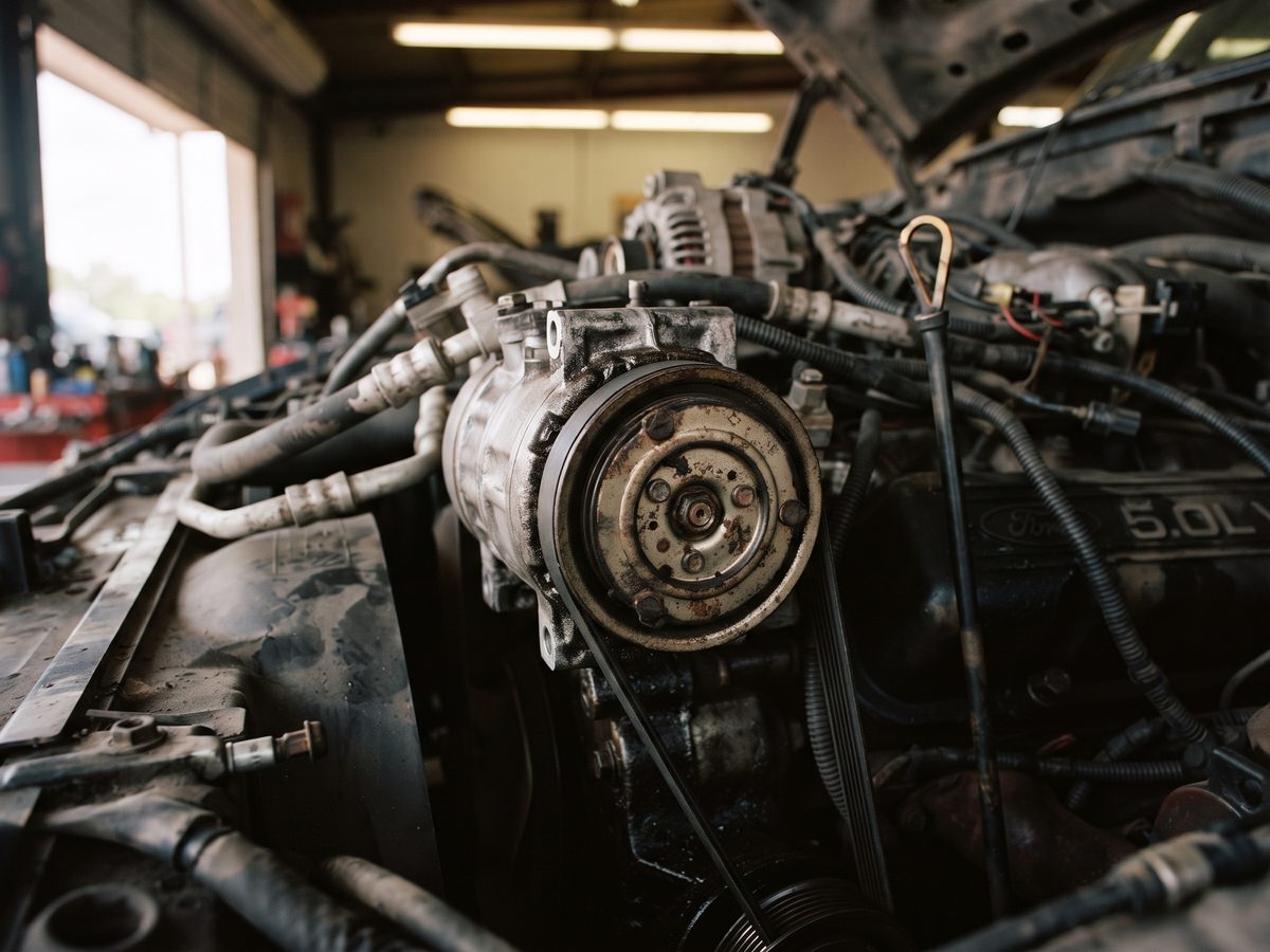 Air conditioning compressor and clutch pulley in a car engine bay