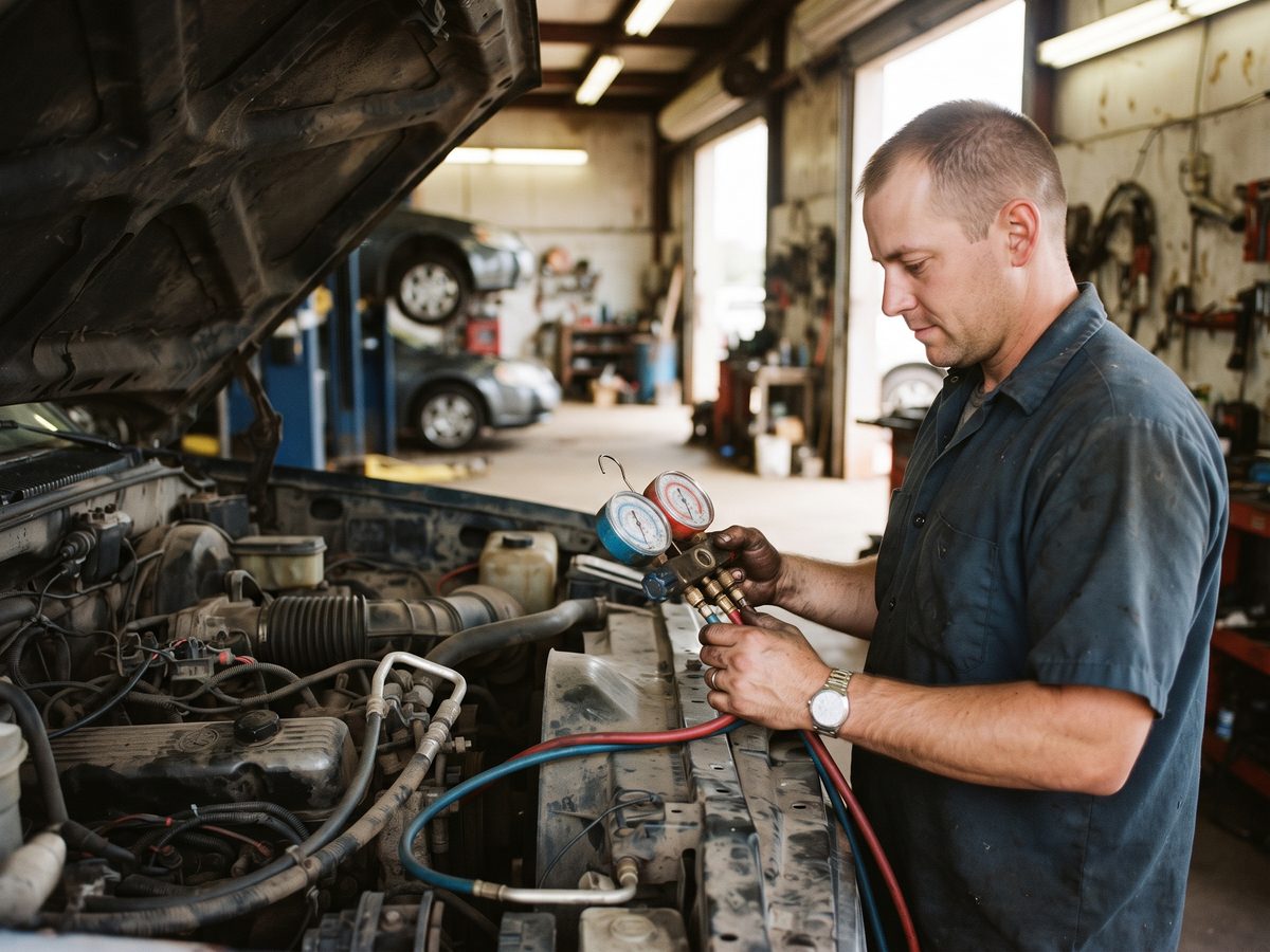 Technician reading air conditioning manifold gauges connected to a car