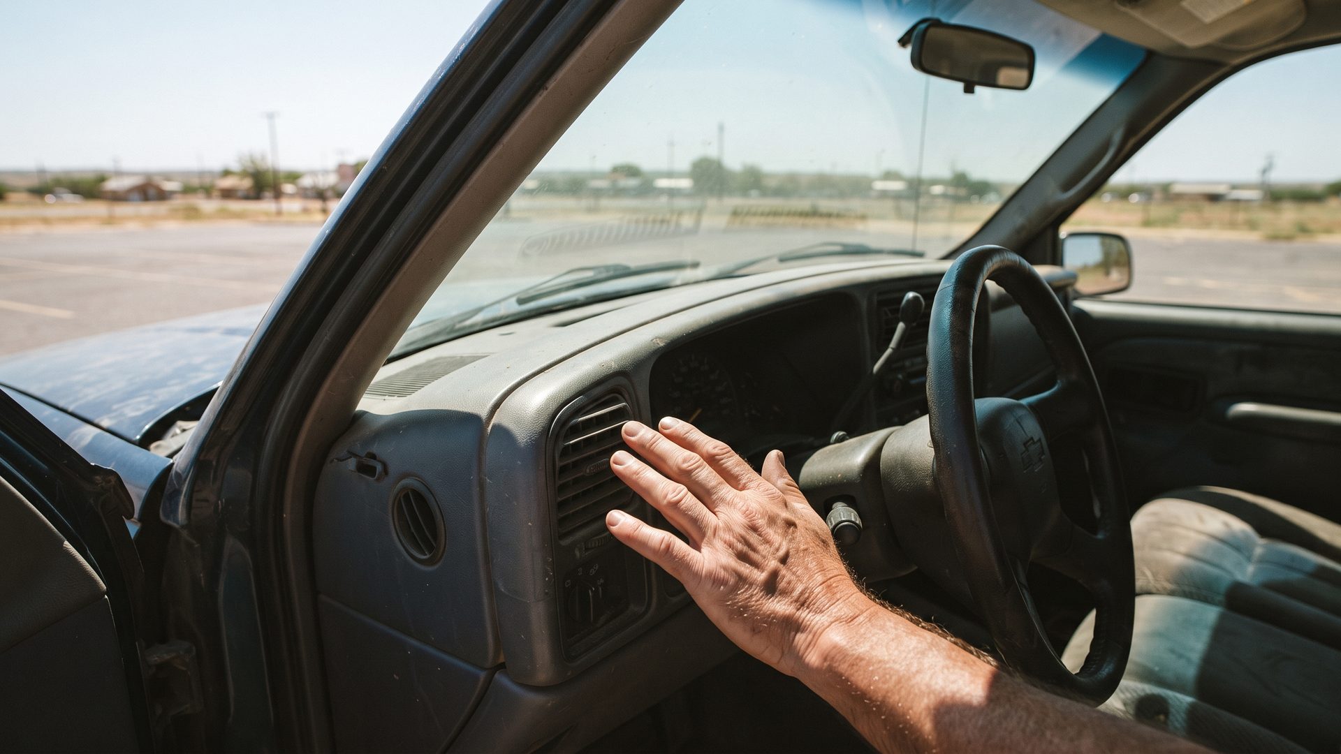 Hand held in front of a car dashboard vent checking for cold air on a hot day