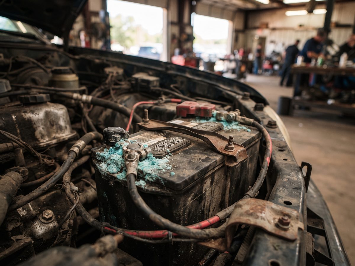 Corroded blue and green buildup on both terminals of a car battery