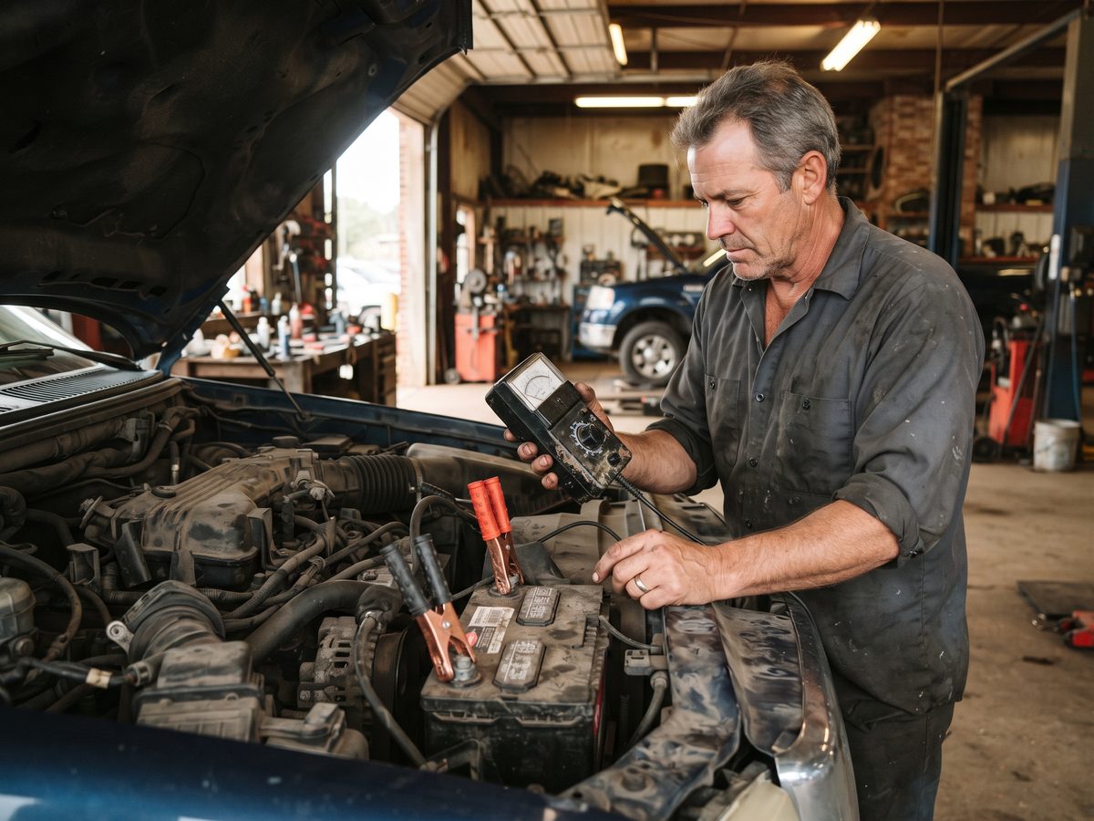 Technician load testing a car battery with a handheld tester in the engine bay