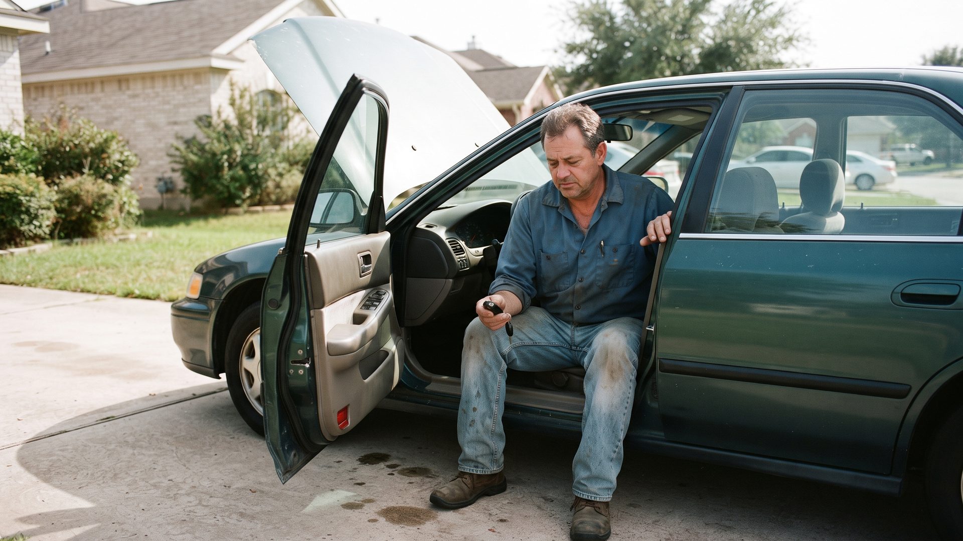 Driver beside a car with the hood raised in a driveway after it would not start