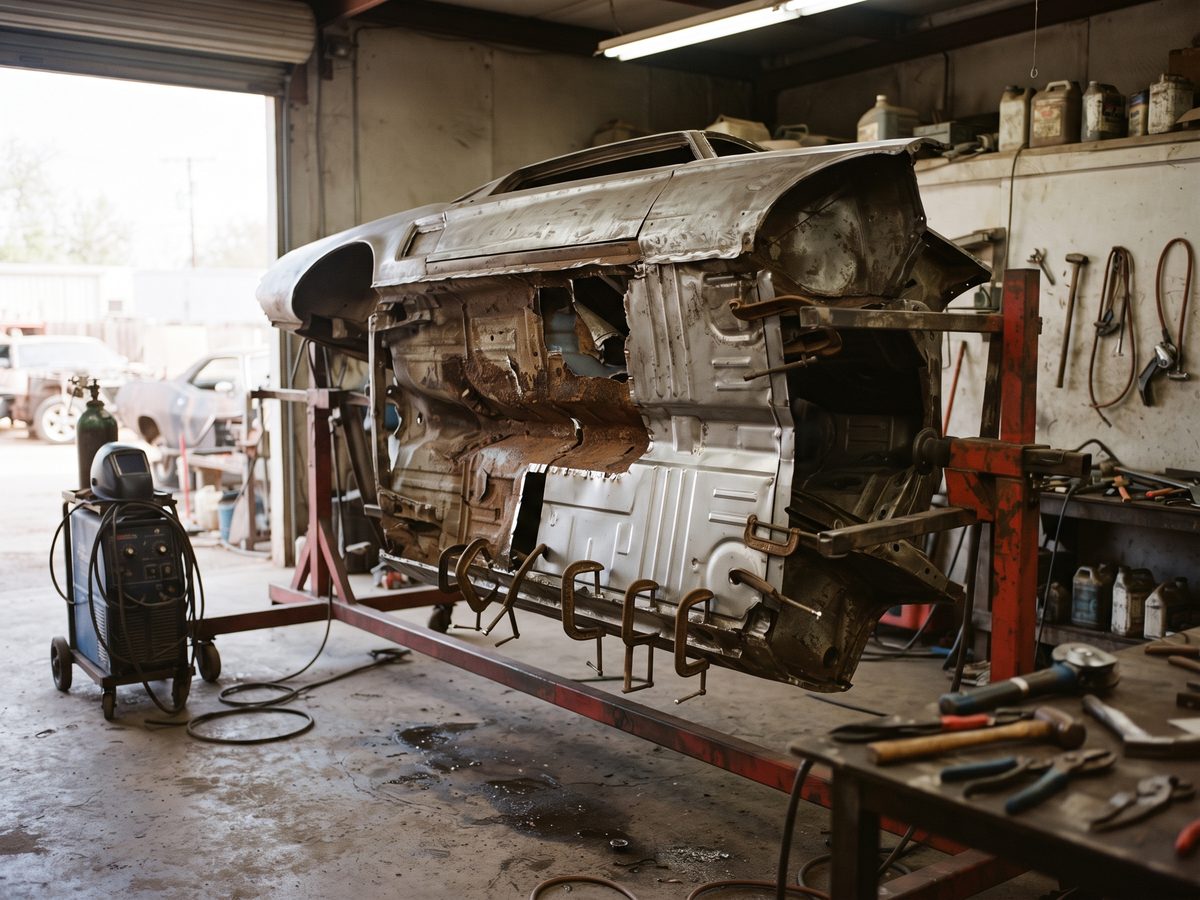Classic car shell on a rotisserie with a rusted floor section cut out for replacement
