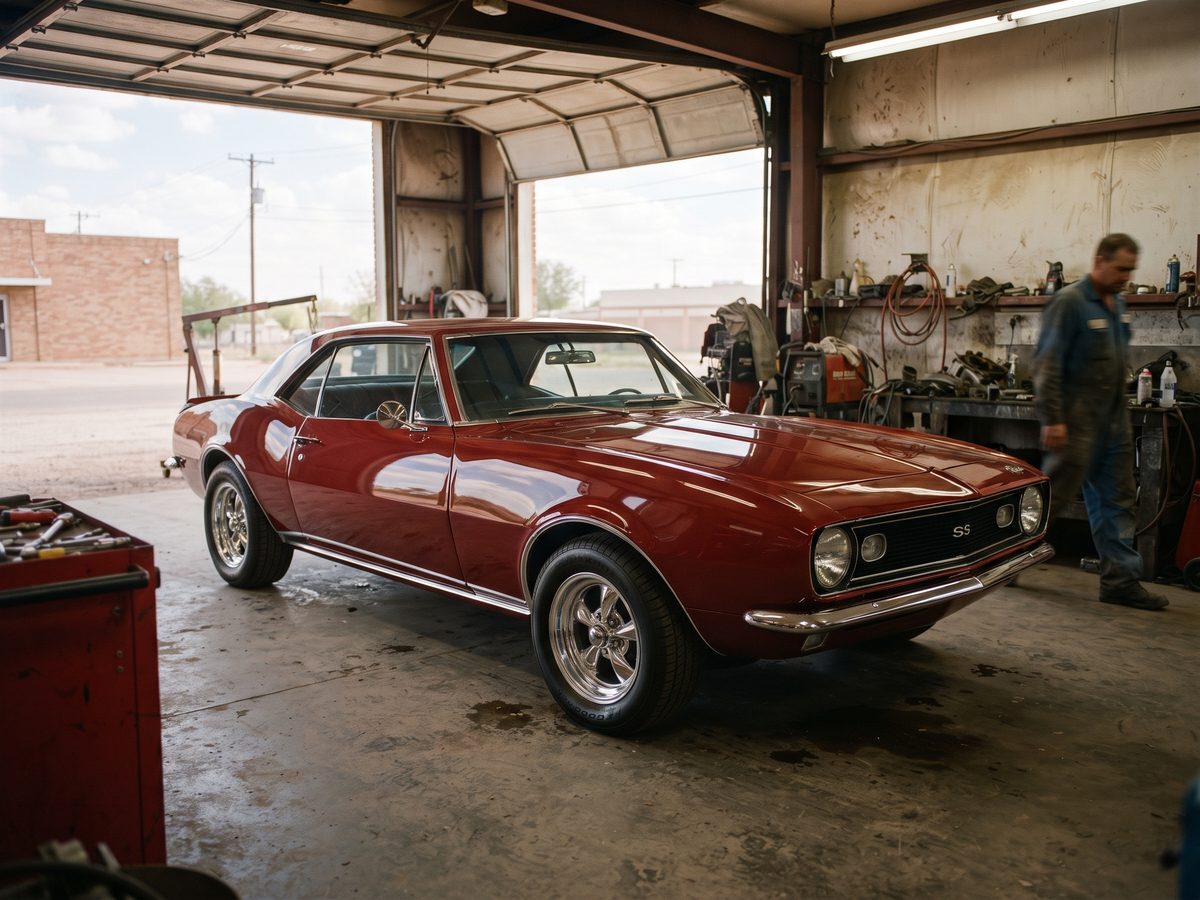 Finished restored classic car in glossy paint inside a working shop bay