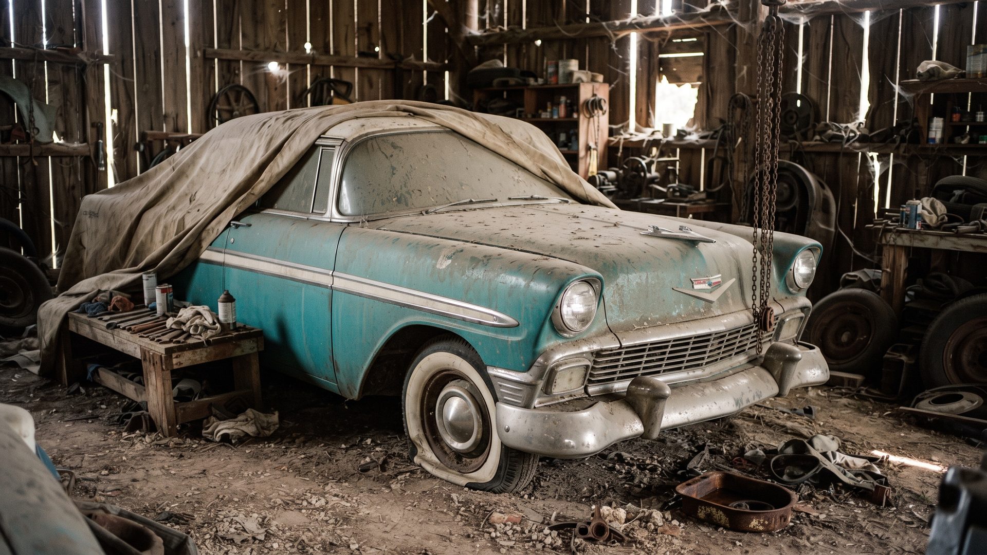 Classic car under a dusty tarp pulled back inside an old barn after years in storage