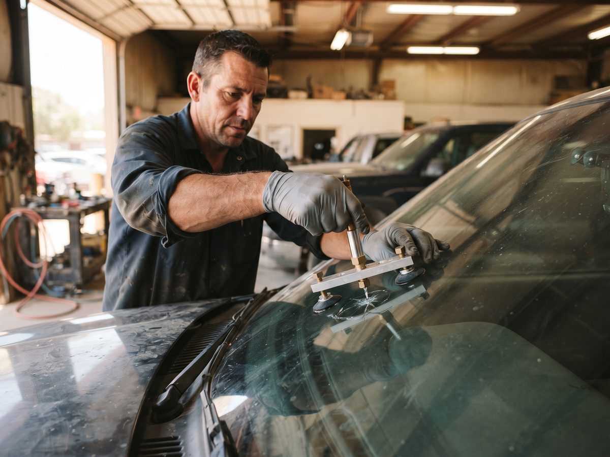 Technician injecting resin into a chipped windshield with a repair bridge