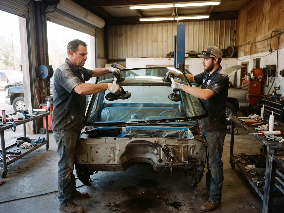 Two technicians setting a new windshield onto a fresh bead of urethane