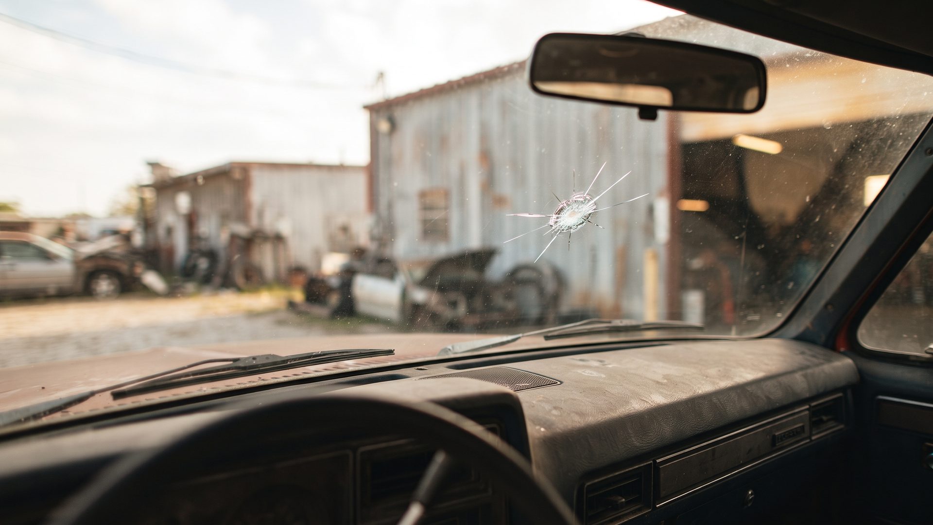 Star shaped rock chip in a car windshield with small cracks radiating outward
