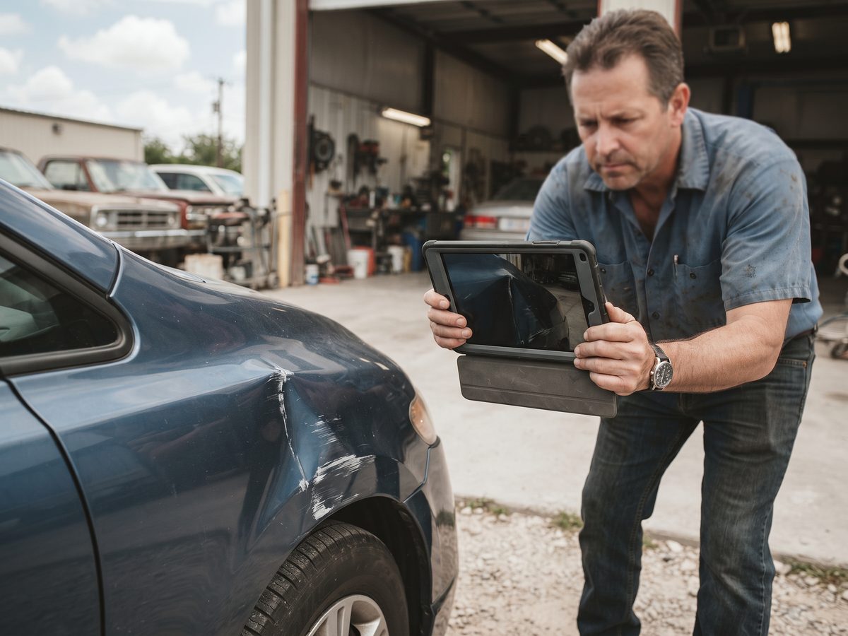 Photographing damage on a car quarter panel with a tablet to document a claim
