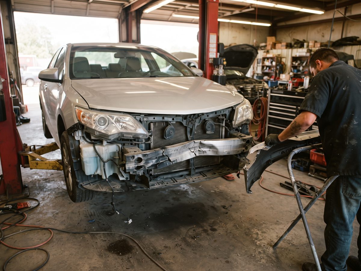 Bumper cover removed in a shop bay revealing bent structure hidden underneath
