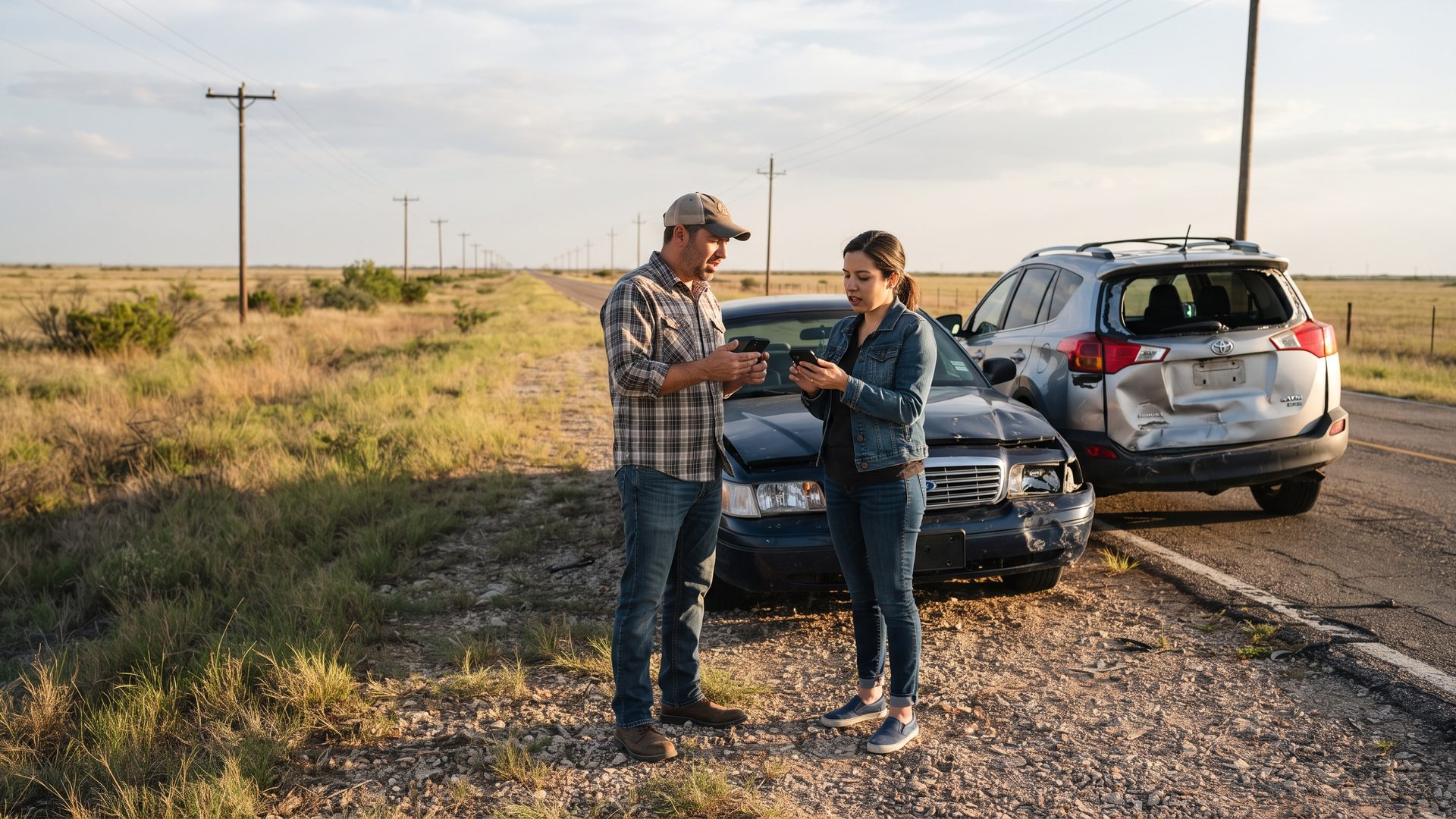 Two drivers exchanging information beside damaged cars on a Texas roadside