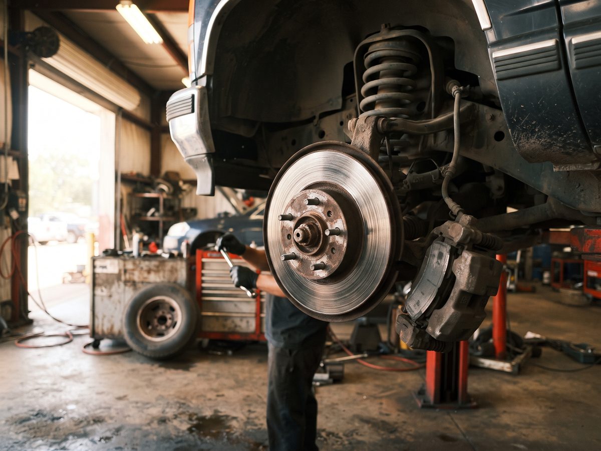 Deeply scored brake rotor exposed with the wheel removed on a lift
