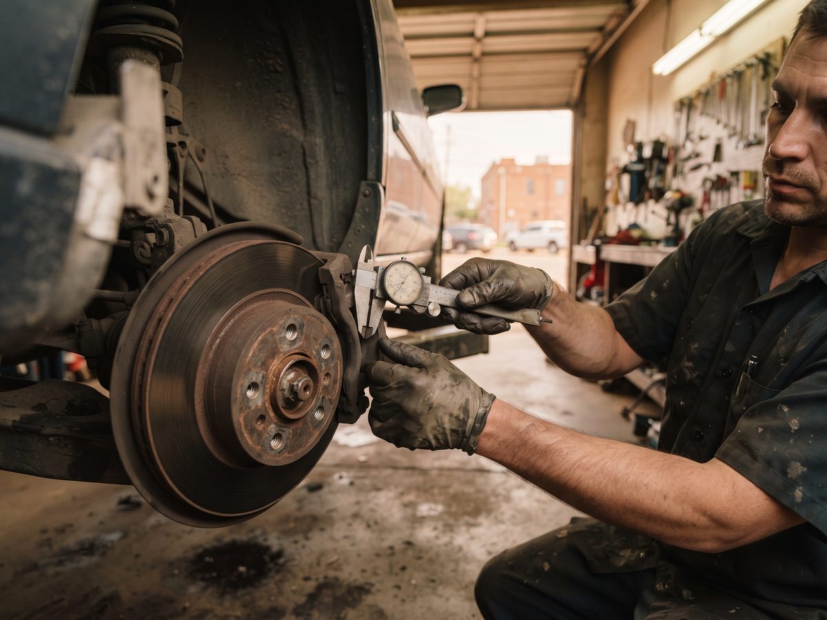 Technician measuring brake pad thickness with a gauge at the wheel