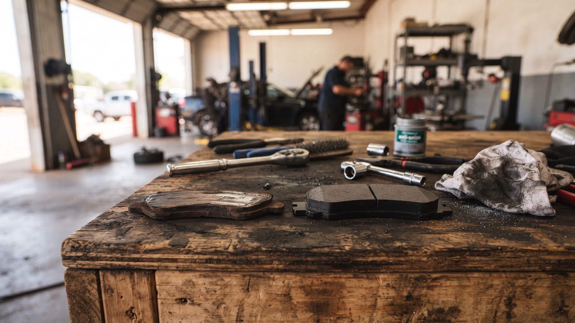 Worn brake pad beside a new one on a workbench showing the difference in thickness