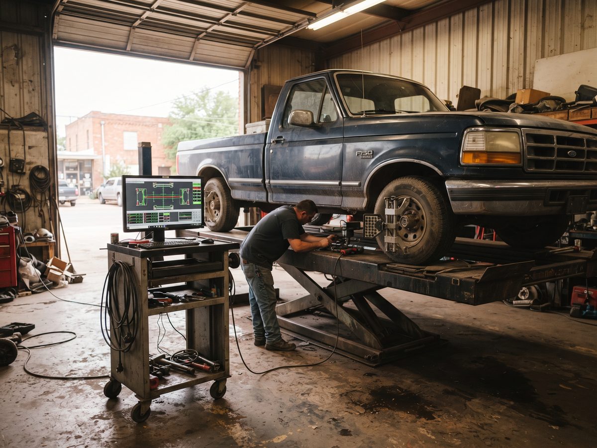 Computerized frame measuring system set up beside a vehicle on a lift