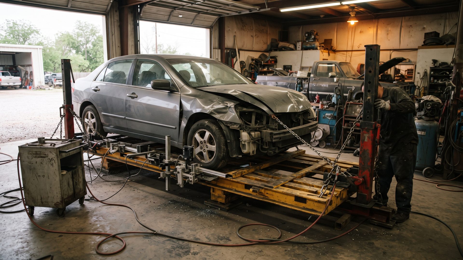 Car anchored on a frame straightening rack with pulling towers and measuring arms
