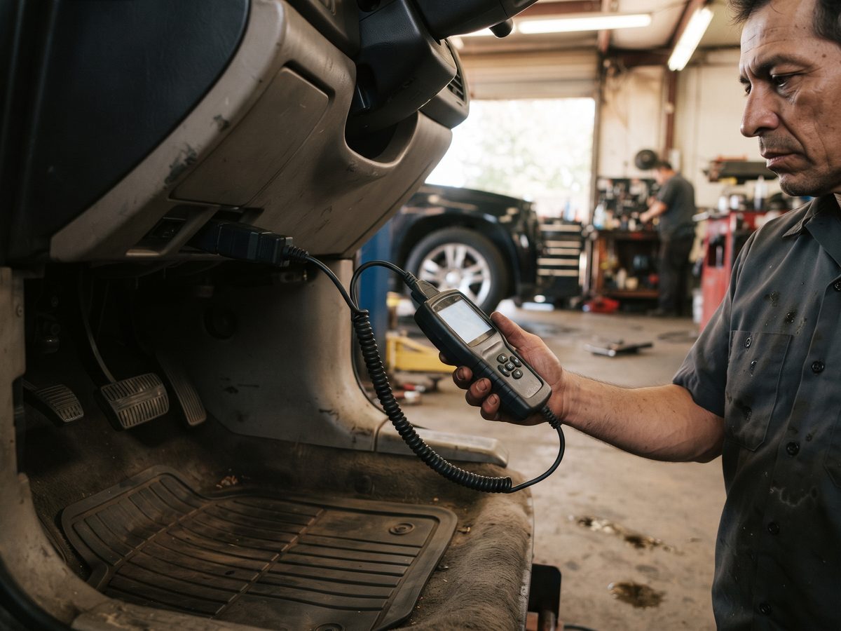 Diagnostic scanner plugged into the port under a car dashboard