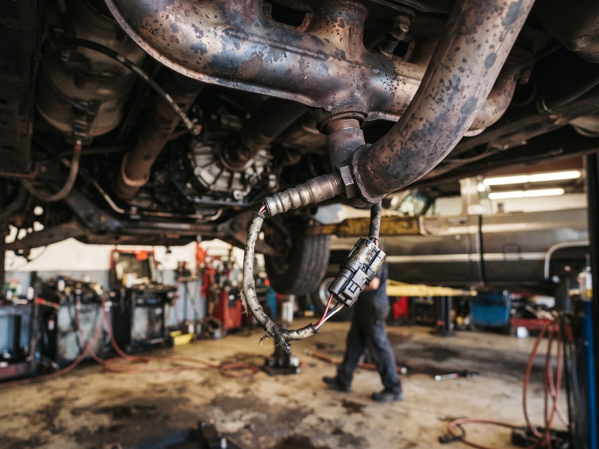 Oxygen sensor threaded into an exhaust pipe under a lifted vehicle