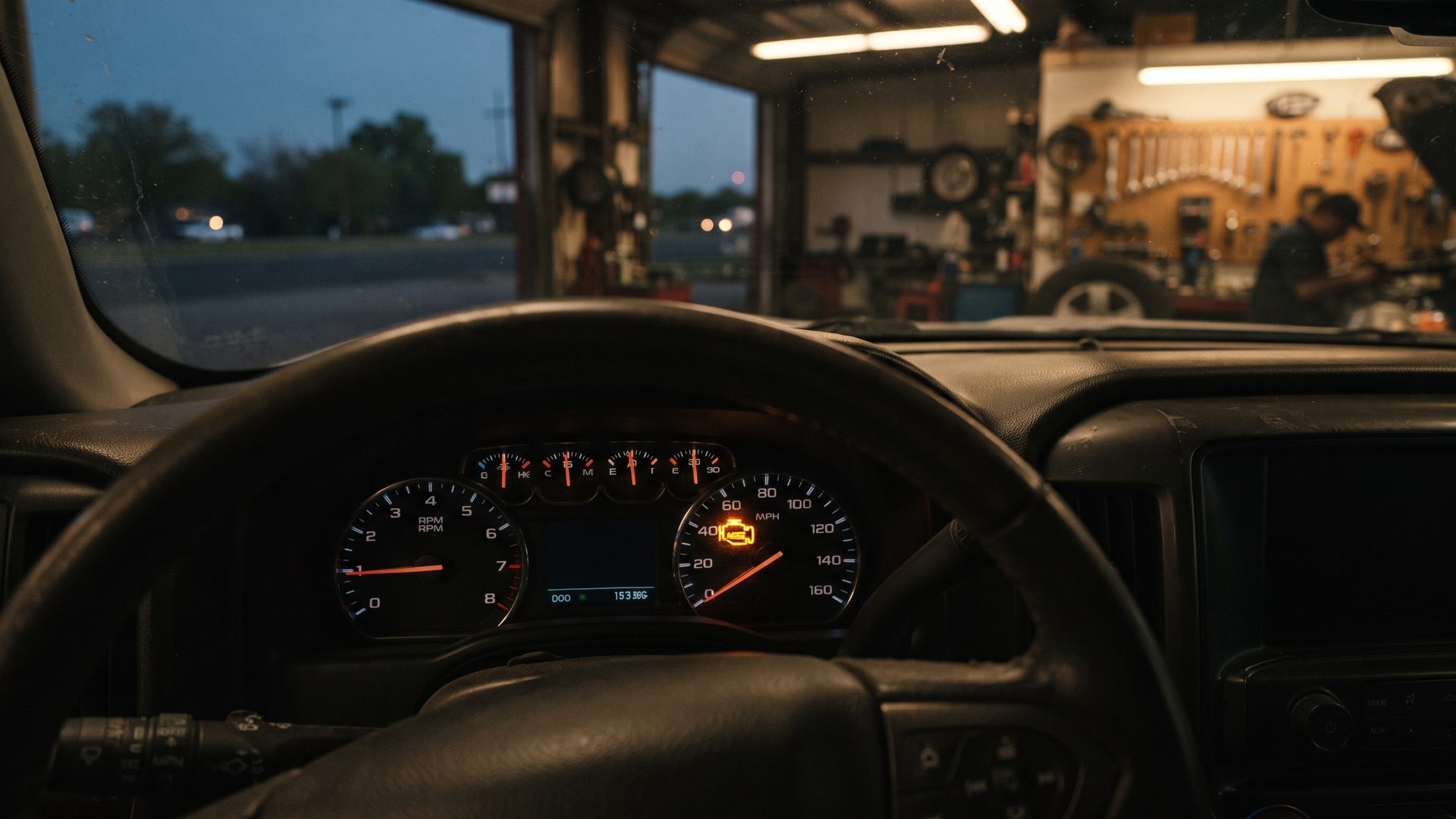 Amber engine warning icon glowing on a car instrument cluster at dusk