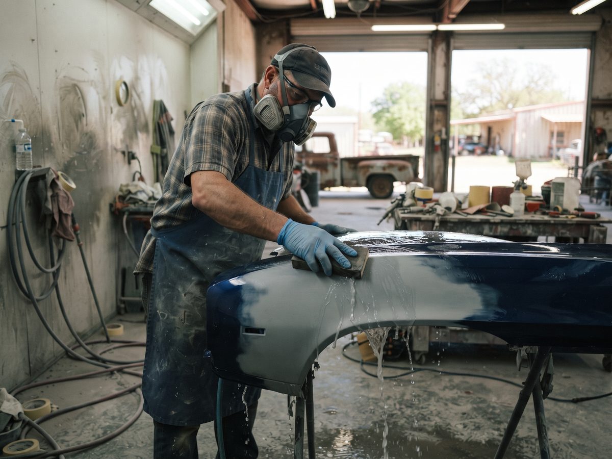Technician wet sanding a car fender by hand inside a paint booth