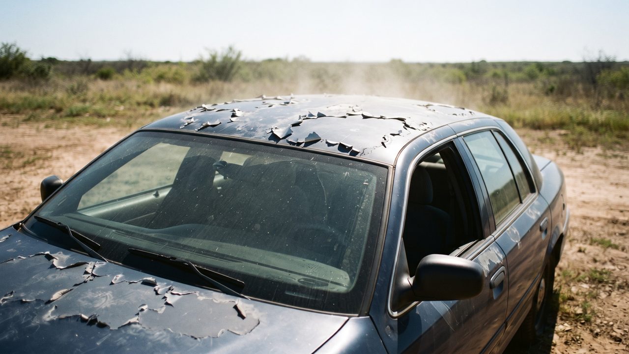 Clear top layer of paint peeling away in patches on a sun damaged car roof